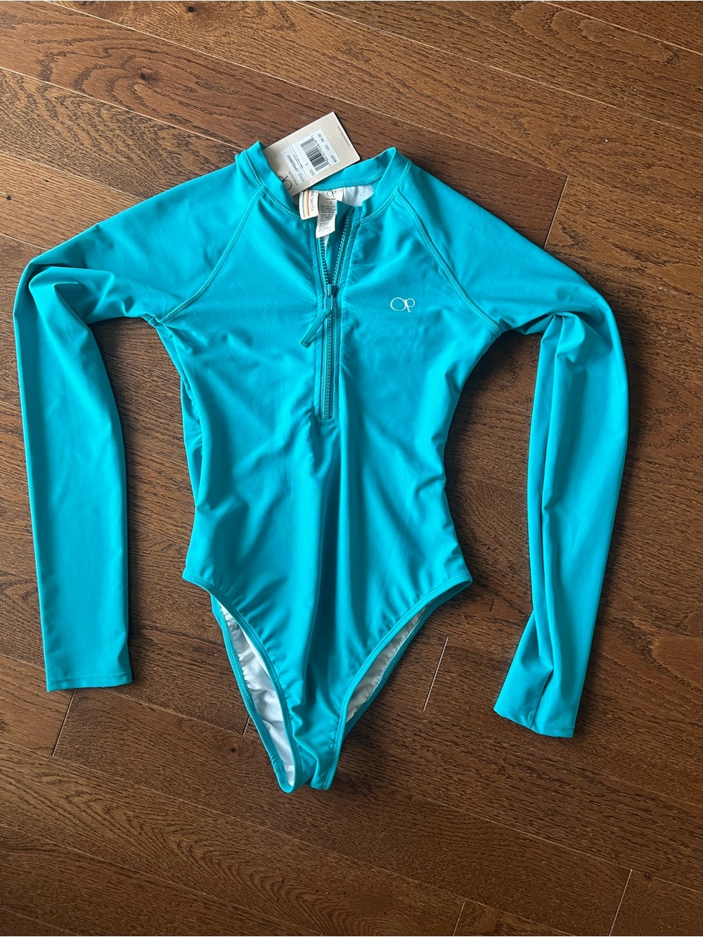 OP Women’s Long-Sleeve Turquoise Zip-Up One-Piece Rash Guard